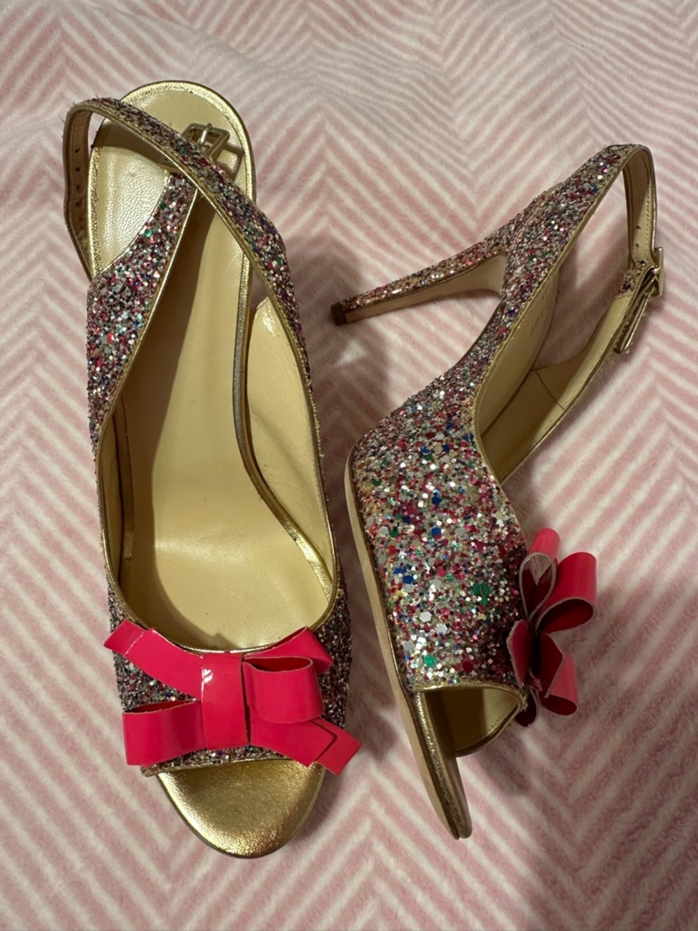 kate spade Gold Glitter Slingback Heels with Pink Bow